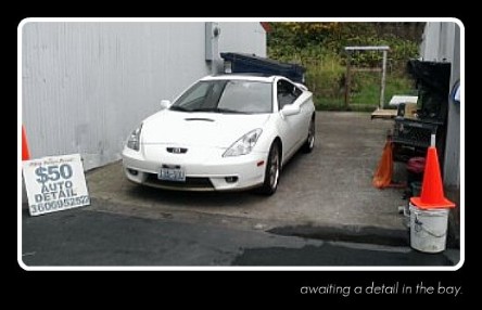 Toyota Celica GTS parked in the detail bay at Fifty Dollar Detail ready to be detailed.